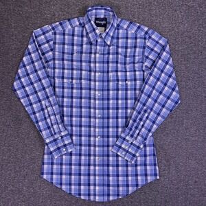 Wrangler Shirt Men Small Blue Plaid Western Rodeo Snap Front Long Sleeve Stretch